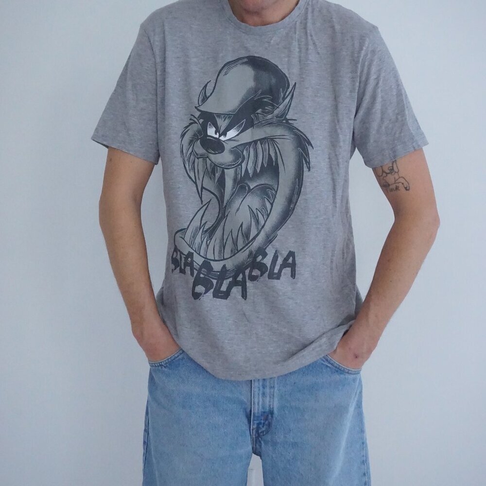 Looney Tunes Grey Tasmanian Devil Character Print Classic Cartoon Crewneck Tee L